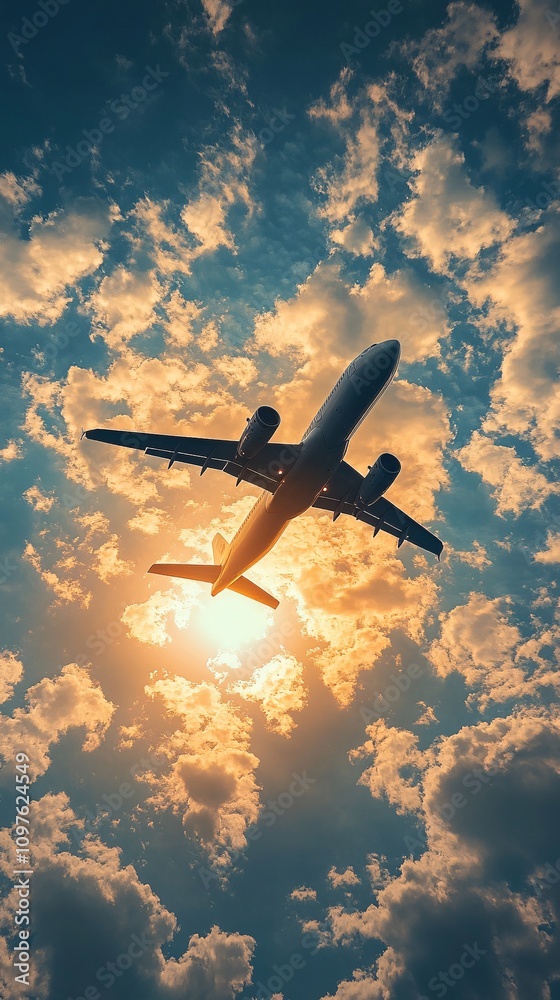 Naklejka premium a plane flying in the blue sky, sunny day, plane wallpaper