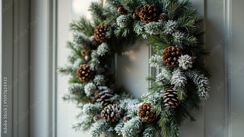 Elegant Snow-Covered Pine Cone & Lotus Pod Christmas Wreath on White Door Elegant Snow-Covered Pine Cone & Lotus Pod Christmas Wreath on White Door