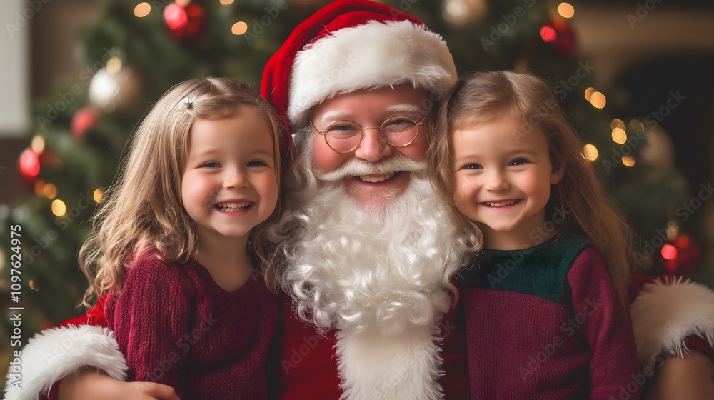Santa Claus with Two Smiling Children in Festive Sweaters by a Christmas Tree_1 Santa Claus with Two Smiling Children in Festive Sweaters by a Christmas Tree_1