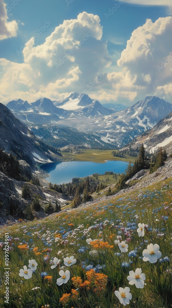 Fototapeta premium Breathtaking panorama of the Beartooth Mountains showcasing vibrant wildflowers and serene alpine lake under a beautiful sky
