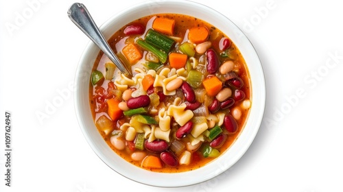 A plate of hearty minestrone soup filled with vegetables, beans, and pasta