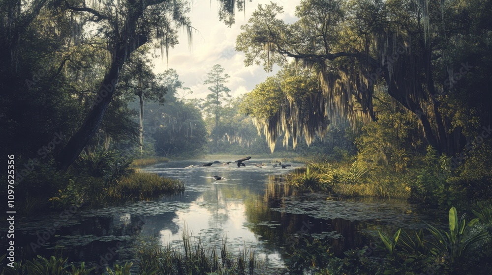 Obraz premium A peaceful afternoon in the lush marshlands showcasing serene waters and vibrant vegetation under soft sunlight