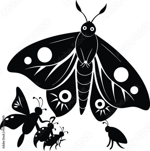 Black and White Graphic Art of Moth with Circle Designs and Other Insects, Vector Illustration of Wildlife and Nature