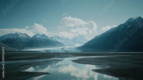 A tranquil view of the Wrangell-St Elias National Park showcasing glacial landscapes and calm reflective waters under a cloudy sky photo