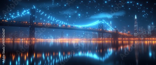 Nighttime Cityscape with Illuminated Bridge