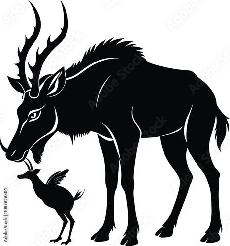 Silhouette Illustration of a Stag-like Beast with Antlers and Tusks Confronting a Winged Deer Creature, Fantasy Art