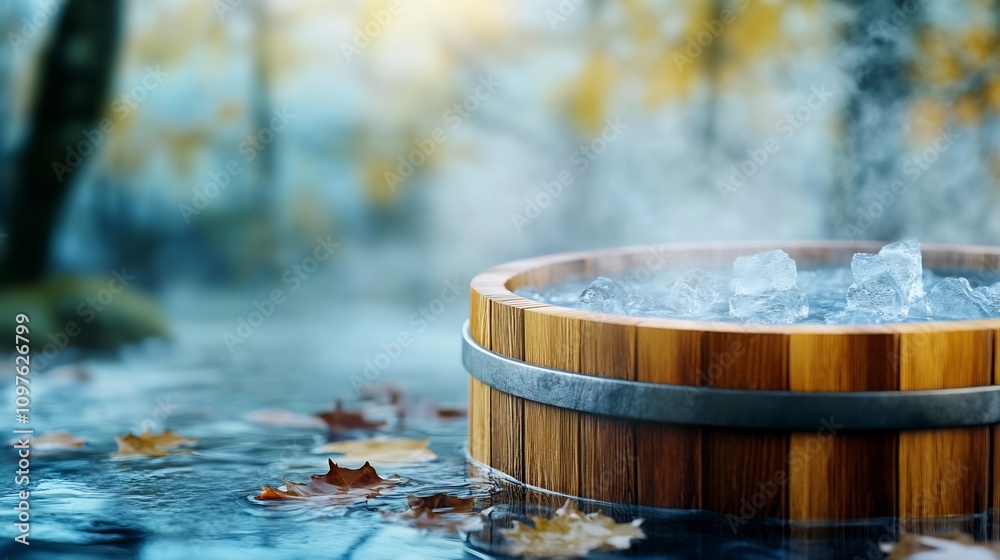 Outdoor Wooden Tub Filled with Icy Water Surrounded by Frosty Nature Symbolizing Cold Therapy and Outdoor Wooden Tub Filled with Icy Water Surrounded by Frosty Nature Symbolizing Cold Therapy and