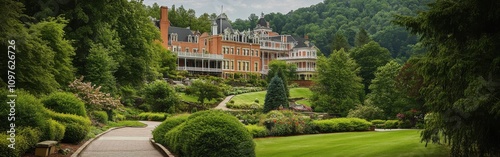 Explore the tranquil beauty of historic White Sulphur amidst lush gardens and elegant architecture in a serene afternoon setting photo