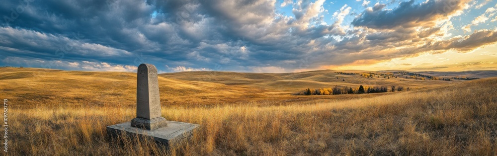 A serene sunset over the Little Bighorn battlefield showcasing the vast grasslands and historical monument amidst dramatic clouds A serene sunset over the Little Bighorn battlefield showcasing the vast grasslands and historical monument amidst dramatic clouds