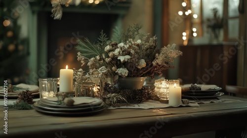 Eco-friendly Christmas table setting with a rustic theme featuring dried flower centerpieces, muted earth tones, and upcycled materials in a cozy indoor space