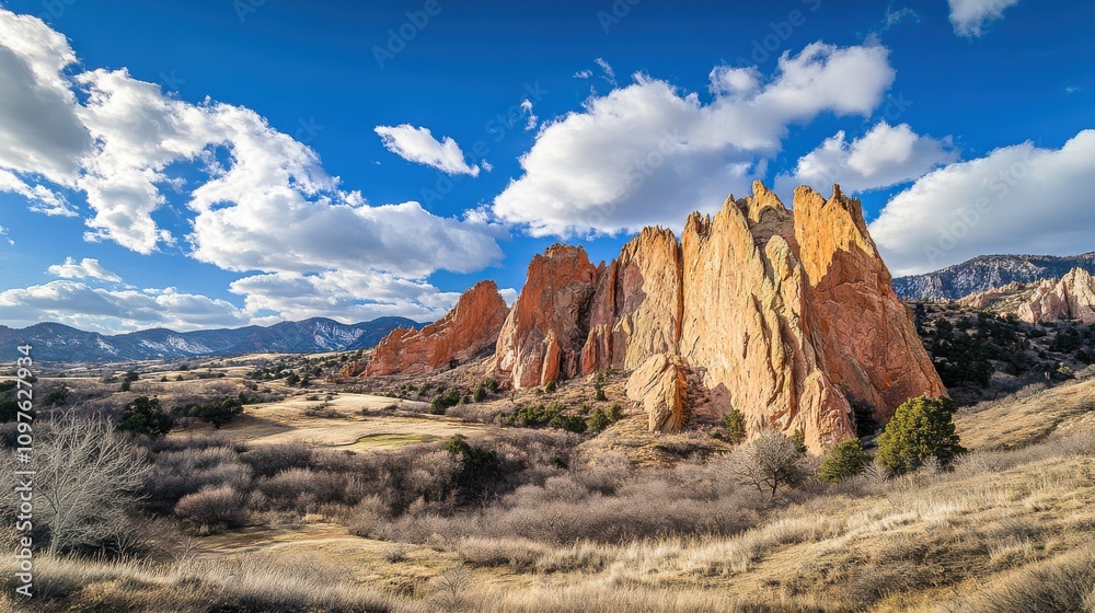 Stunning view of dramatic rock formations in Garden of the Gods during a clear afternoon sky surrounded by lush landscapes