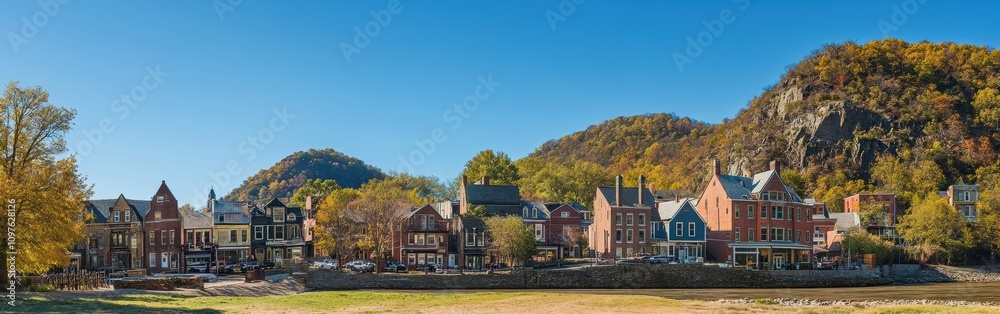 A tranquil autumn afternoon in the historic town with charming architecture and vibrant fall foliage by the river A tranquil autumn afternoon in the historic town with charming architecture and vibrant fall foliage by the river