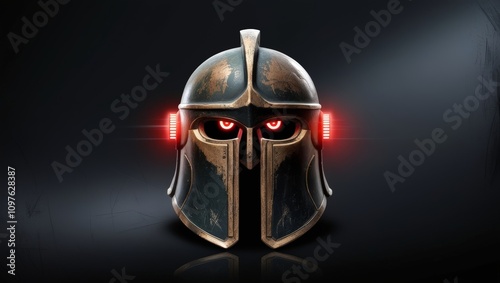 ancient spartan helmet with red glowing furutistic cyber eyes in the dark looking straight photo