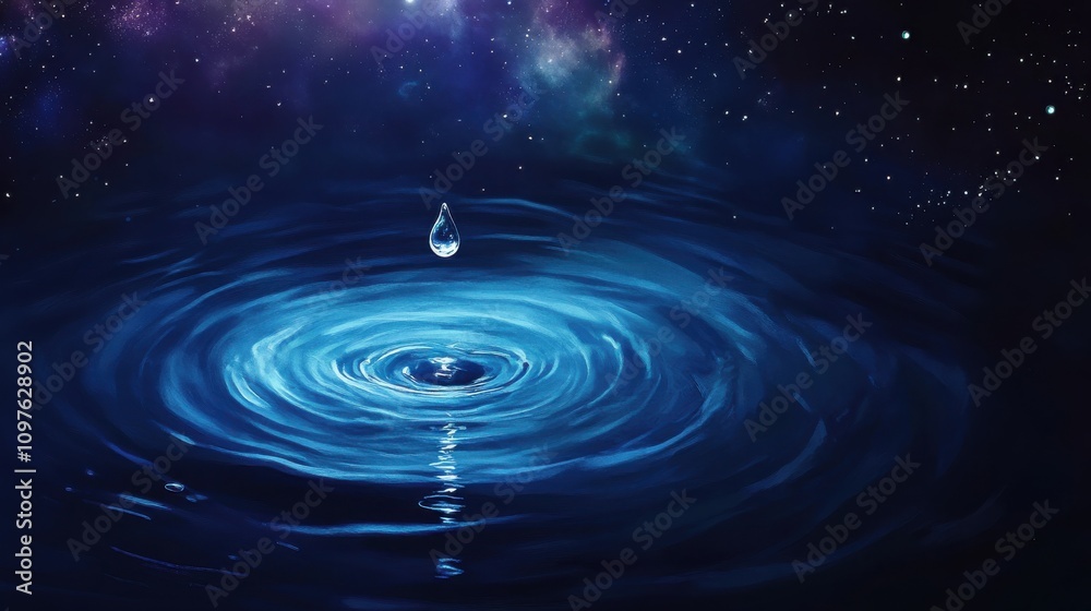 A futuristic water droplet creating ripples in a deep cosmic setting filled with stars and vibrant colors at night A futuristic water droplet creating ripples in a deep cosmic setting filled with stars and vibrant colors at night
