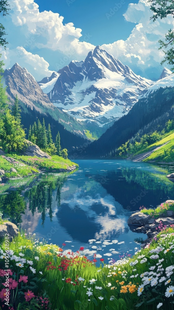 A breathtaking view of snow-capped mountains reflecting in a tranquil lake surrounded by lush greenery and vibrant wildflowers during a sunny day
