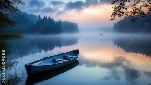 A tranquil foggy morning at a serene lake with calm waters reflecting the soft pastel colors of dawn