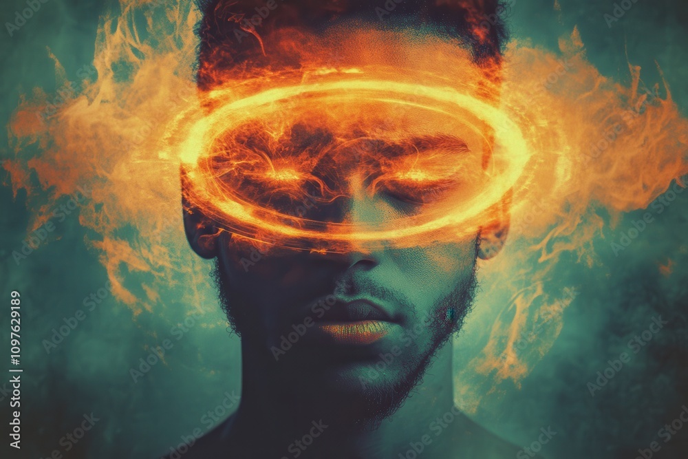 A mesmerizing double exposure featuring a glowing halo above a contemplative figure in a surreal, dreamlike setting A mesmerizing double exposure featuring a glowing halo above a contemplative figure in a surreal, dreamlike setting