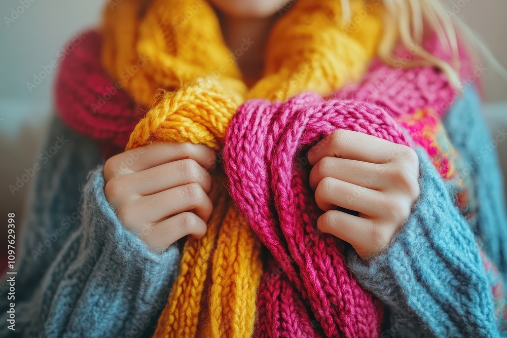Cozy Knitting Hands with Bright Scarves in Soft Light Cozy Knitting Hands with Bright Scarves in Soft Light