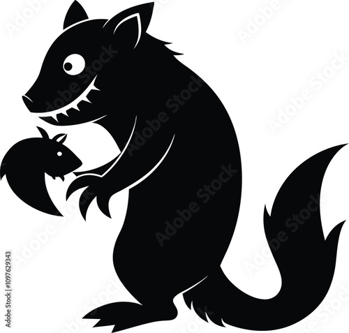 Cartoon Black Silhouette of a Wolf Catching a Mouse - Vector Illustration of Wildlife Predator and Prey Graphic Art