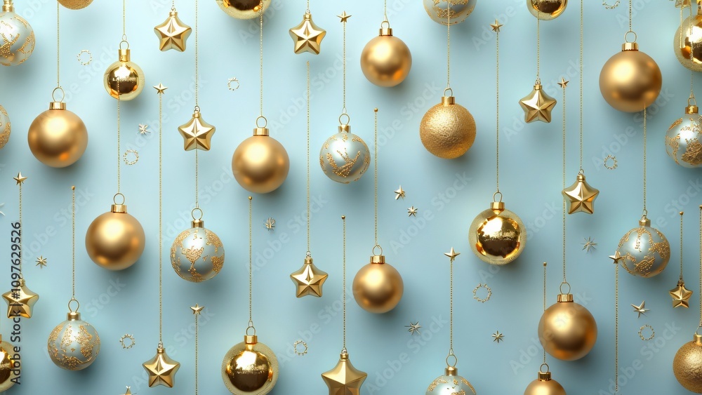 Seamless Gold Christmas Ornament Pattern, Minimalist Blue Background Seamless Gold Christmas Ornament Pattern, Minimalist Blue Background