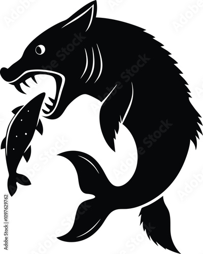 Heraldic Sea Wolf Devouring Fish Black Silhouette Vector Illustration - Mythical Creature, Fantasy Art, Animal Graphic Design