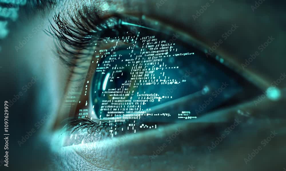 Close-up of an eye reflecting digital code and futuristic data streams.