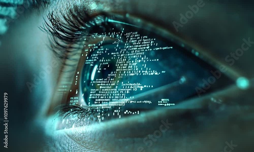 Close-up of an eye reflecting digital code and futuristic data streams.