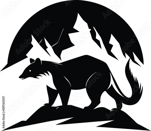 Black and White Tasmanian Devil Silhouette Illustration: Mountain Landscape, Wildlife Art, Vector Graphic, Nature Icon