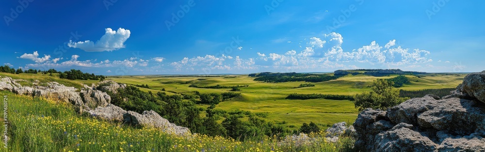 A stunning panoramic view of Wind Cave National Park showcasing lush grasslands under a vibrant blue sky A stunning panoramic view of Wind Cave National Park showcasing lush grasslands under a vibrant blue sky