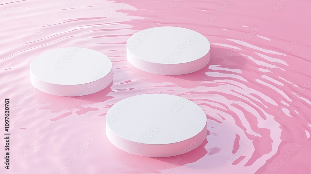 Top view of three white circular empty podiums, set on a pink background with water and tiny ripples. Blank space for display products. Blank minimal design concept. Top view of three white circular empty podiums, set on a pink background with water and tiny ripples. Blank space for display products. Blank minimal design concept.