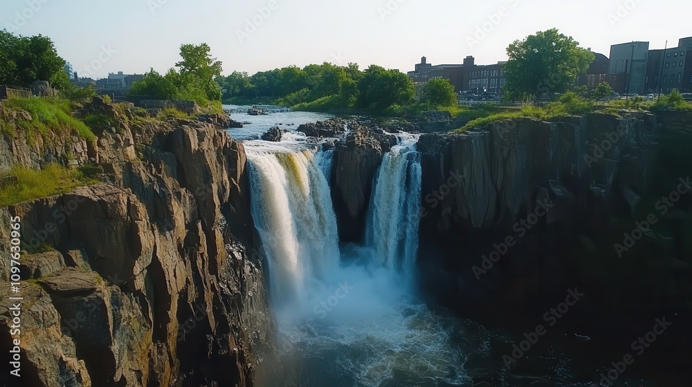 Fototapeta premium Discover the stunning beauty of Great Falls cascading over rocky cliffs in the bright afternoon sunlight