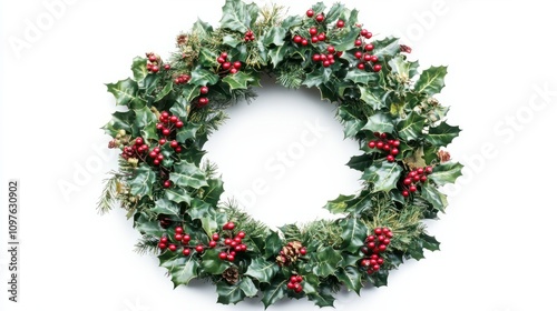 Holiday wreath decorated with holly and berries, cut out - stock png.