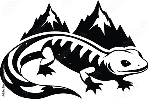 Black and White Vector Graphic of a Mountain Newt: Nature Illustration, Wildlife Art, Reptile Design, Mountain Landscape, Animal Logo