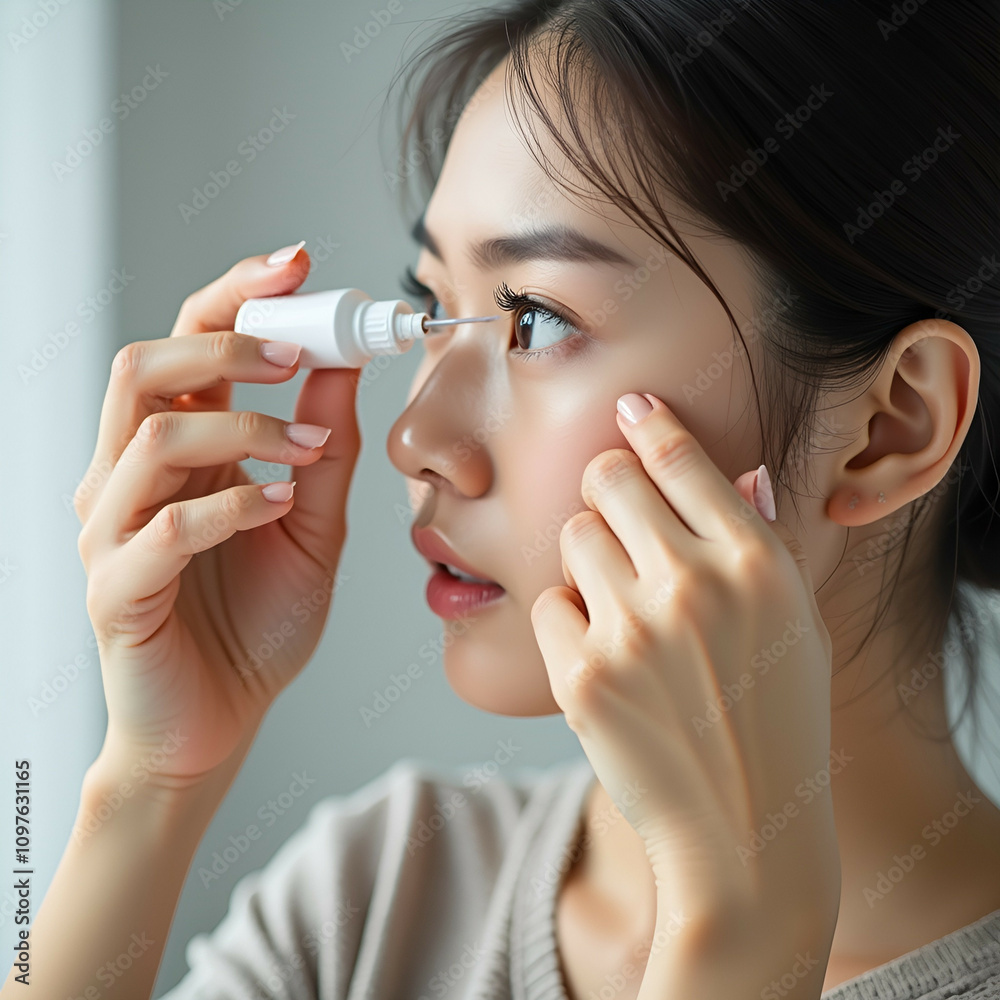 Asian young woman applying medical eye drops for dry eye and irritation. Perfect for healthcare, eye care, and medical treatment themes