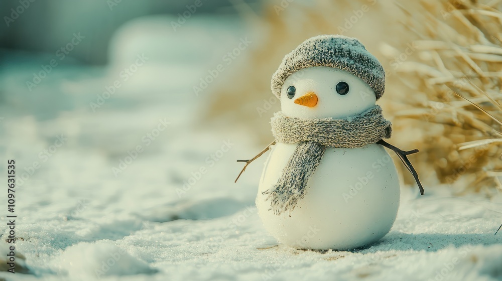 Obraz premium Little snowman in a cap and a scarf on snow in the winter. Christmas card with a lovely snowman, copy space