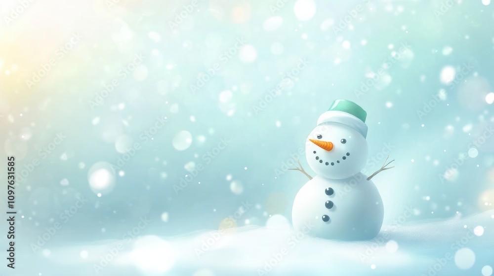 Little snowman in the blurred snow background banner Little snowman in the blurred snow background banner