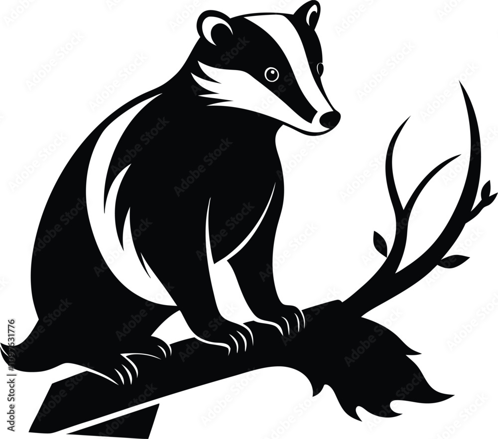 Obraz premium Black and White Badger Illustration: Vintage Style Animal Art Print of a Badger Perched on a Branch for Wildlife Enthusiasts