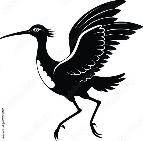 Black & White Vector Illustration of a Curlew Bird with Wings Spread - Graphic Design Element, Wildlife Art, Bird Icon