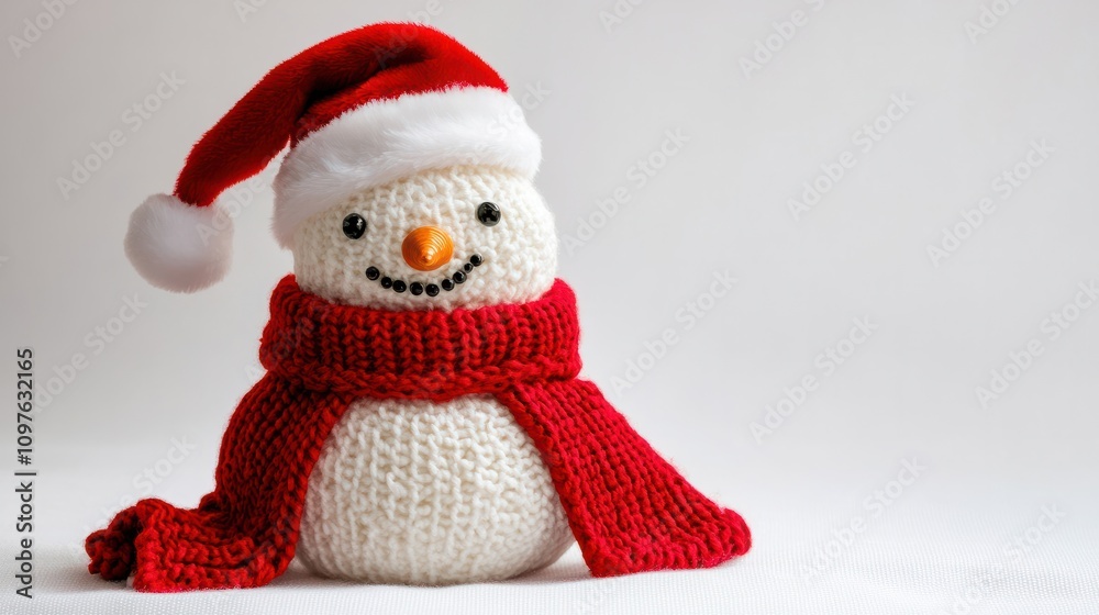 one snowman with red scarf and Santa hat on isolated white background one snowman with red scarf and Santa hat on isolated white background