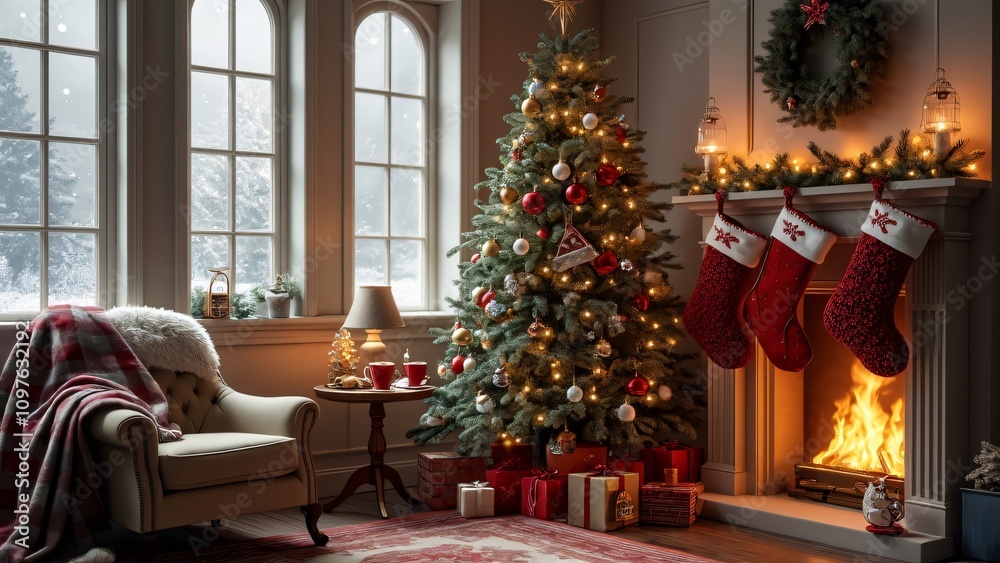 Cozy Christmas Living Room, Fireplace, Tree, and Presents Cozy Christmas Living Room, Fireplace, Tree, and Presents