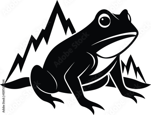 Black and White Frog Silhouette with Mountain Peaks Background Vector Illustration - Nature Wildlife Graphic Design Element photo