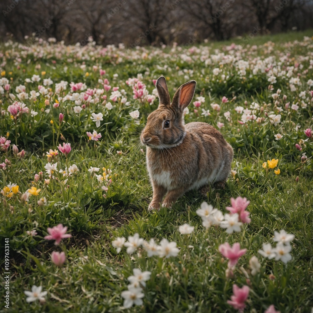 Obraz premium Rabbits hopping through a field blanketed with spring blooms.