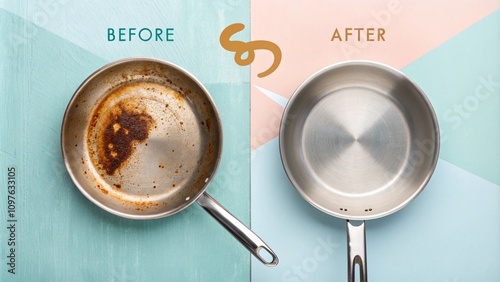 Dirty Oily vs. Clean Stainless Steel Frying Pans on a Pastel Light Blue Background - Before and After Cleaning Comparison