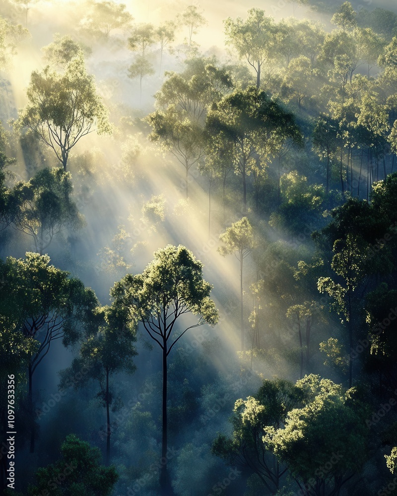 Morning mist rising over a dense forest, soft sunlight highlighting each layer, serene and mystical Morning mist rising over a dense forest, soft sunlight highlighting each layer, serene and mystical
