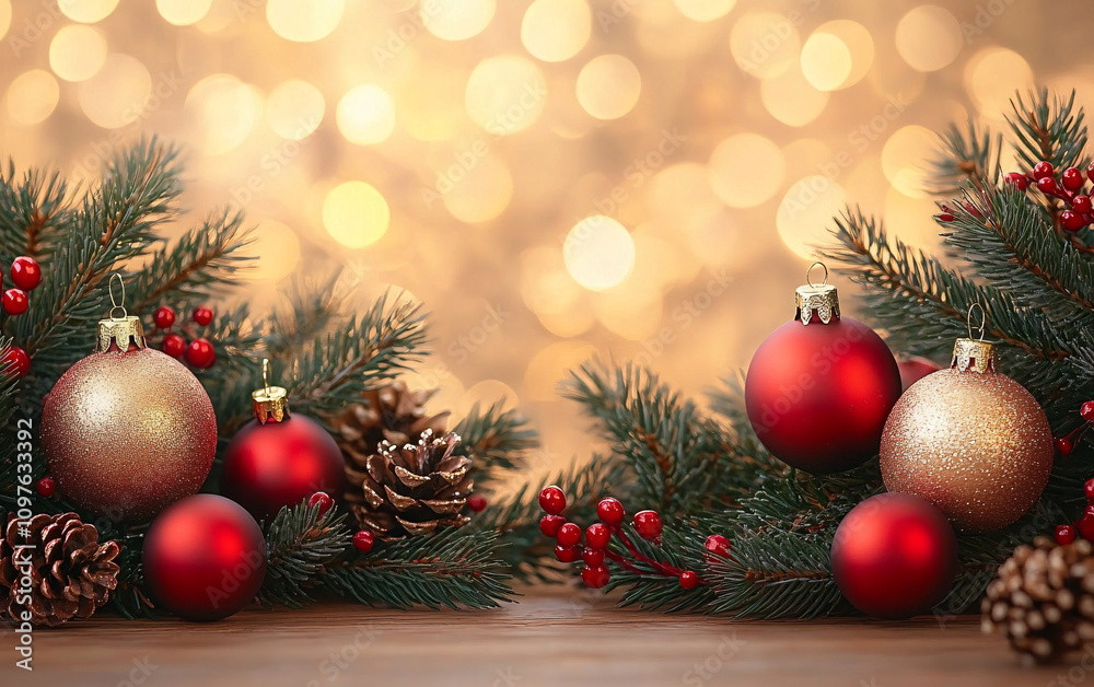 A beautifully decorated Christmas scene featuring rich green foliage, red and gold ornaments, and warm glowing lights, perfect for holiday cards, invitations, or festive décor. A beautifully decorated Christmas scene featuring rich green foliage, red and gold ornaments, and warm glowing lights, perfect for holiday cards, invitations, or festive décor.