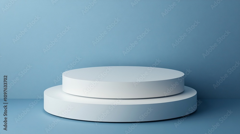 Two empty round white platforms stacked on top of each other, decorated on blue background. Two empty round white platforms stacked on top of each other, decorated on blue background.