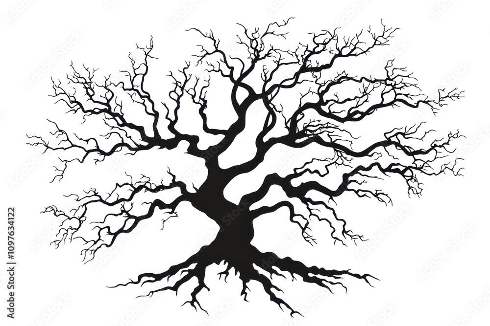 Fototapeta premium A dark, intricate tree with sprawling branches that twist and turn, showcasing a striking silhouette.