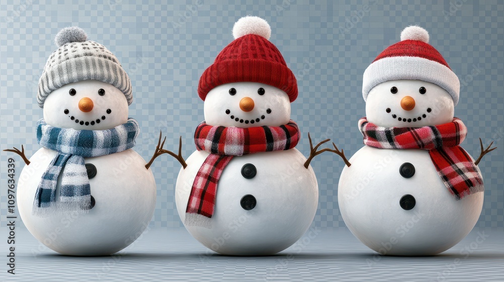 Three snowmen with hats and scarfs isolated on transparent background Three snowmen with hats and scarfs isolated on transparent background