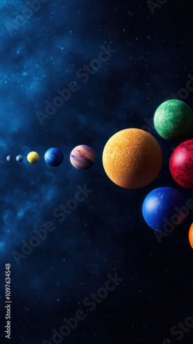 Quantum Computing Education Concept. A colorful representation of the solar system, showcasing planets in a line against a dark, starry background.