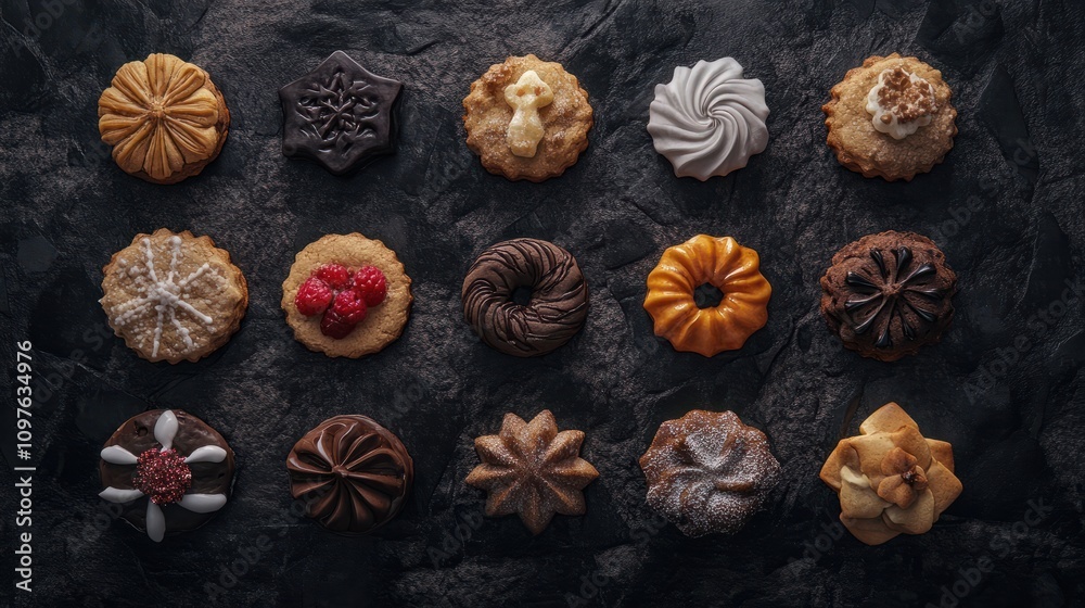 Variety of Christmas cookies and sweets. Top view over a dark stone background. Holiday baking concept. Variety of Christmas cookies and sweets. Top view over a dark stone background. Holiday baking concept.